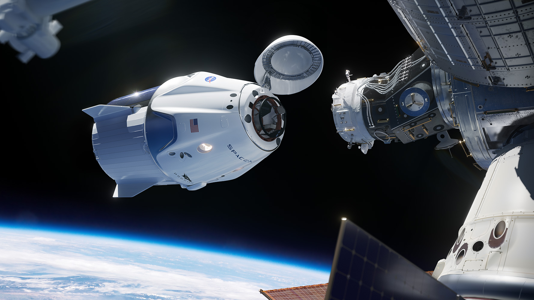 Dragon in space preparing to dock with the international space station